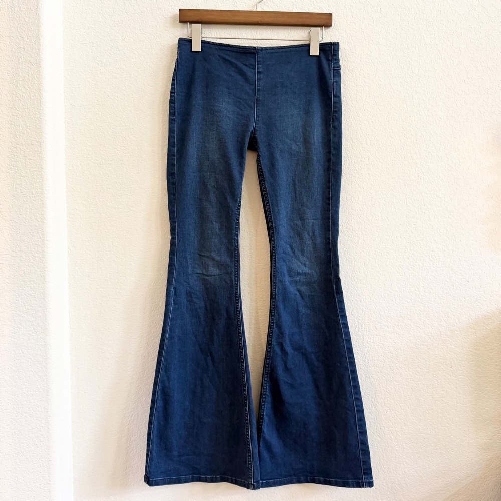Free People Just Float On Flare Jeans Dark Wash Blue Size 27 High Rise Boho 70s